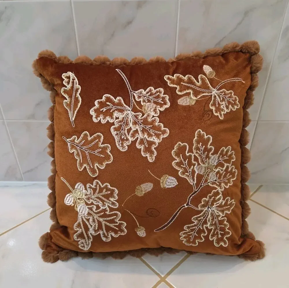 Evermaple Rust Velvet Fall Throw Pillow Embroidered Oak Leaves Acorn Pom Trim
